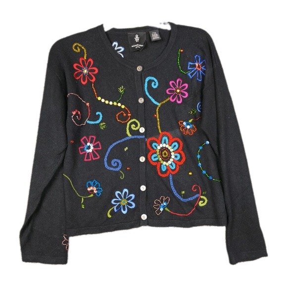 Michael Simon Sweaters - Michael Simon‎ Womens S Silk Cashmere Beaded Floral Cardigan Sweater Black